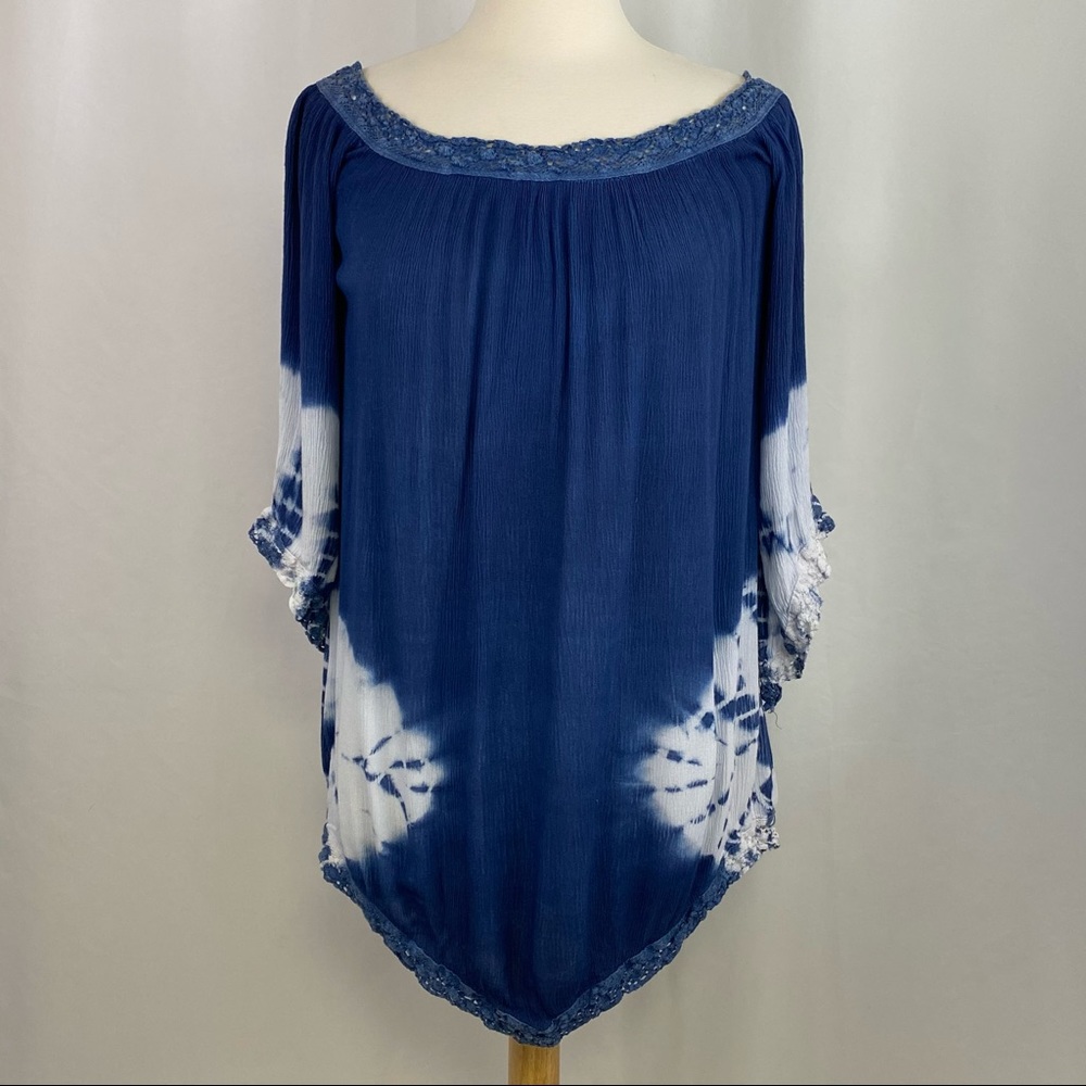 Tobi Blue Tunic Top Oversized 3/4 Sleeve Crinkle